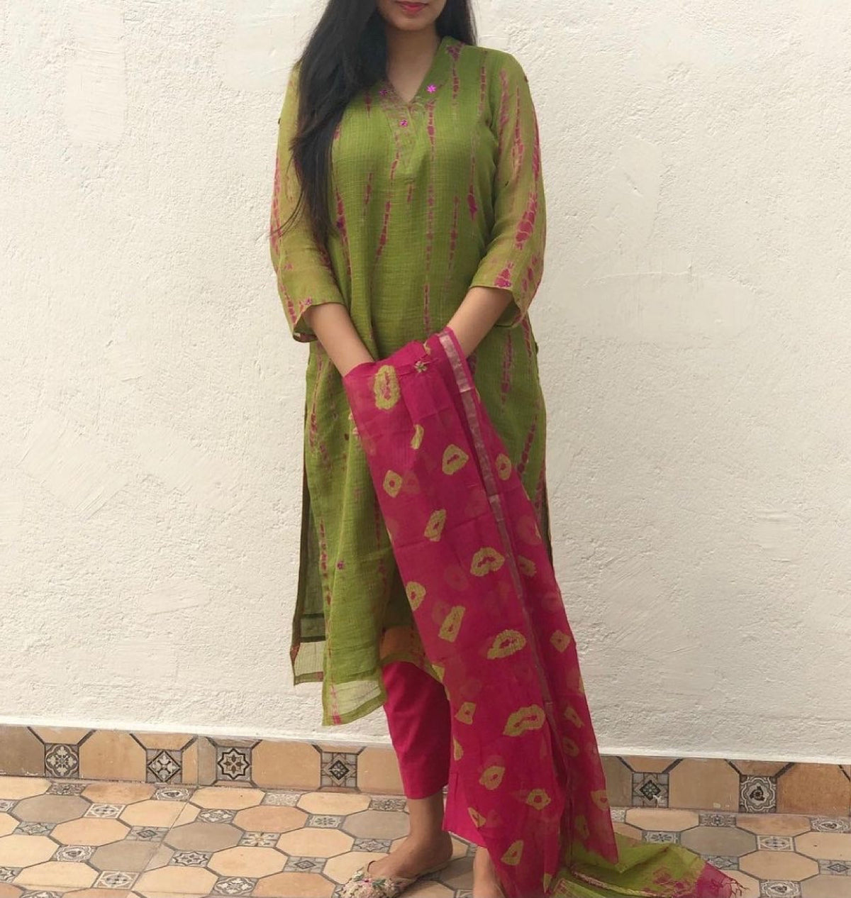 Shibori Green Pink Kota Doria Suit