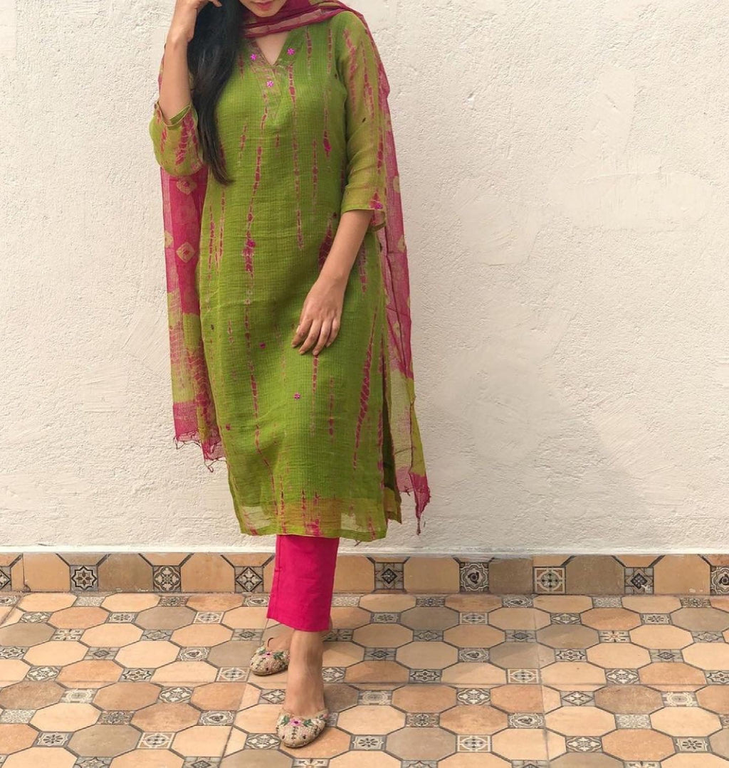 Shibori Green Pink Kota Doria Suit