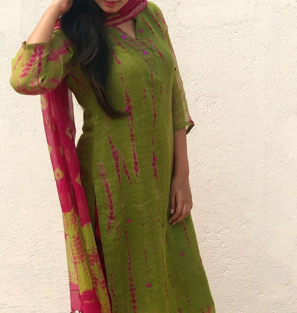 Shibori Green Pink Kota Doria Suit