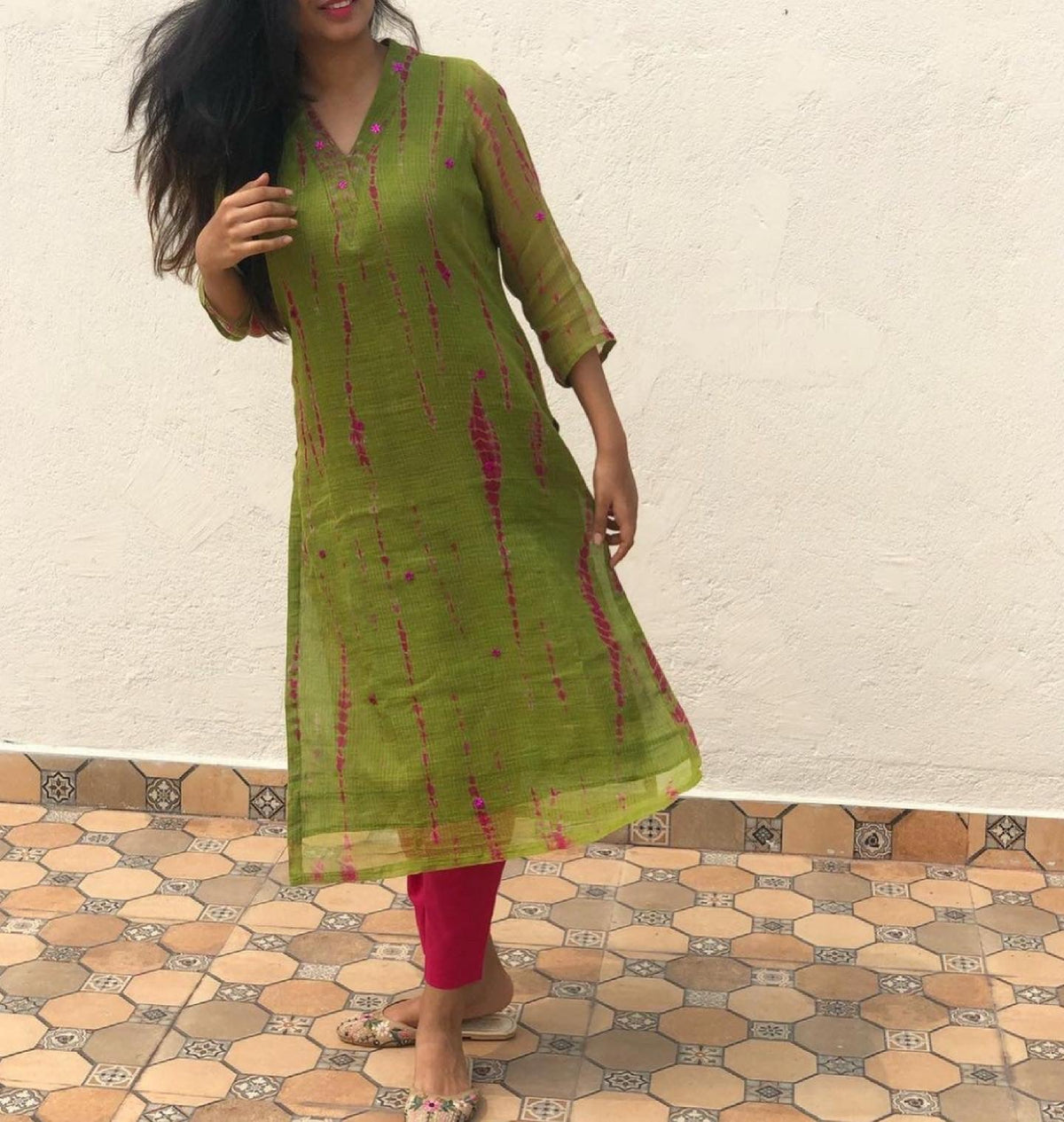 Shibori Green Pink Kota Doria Suit