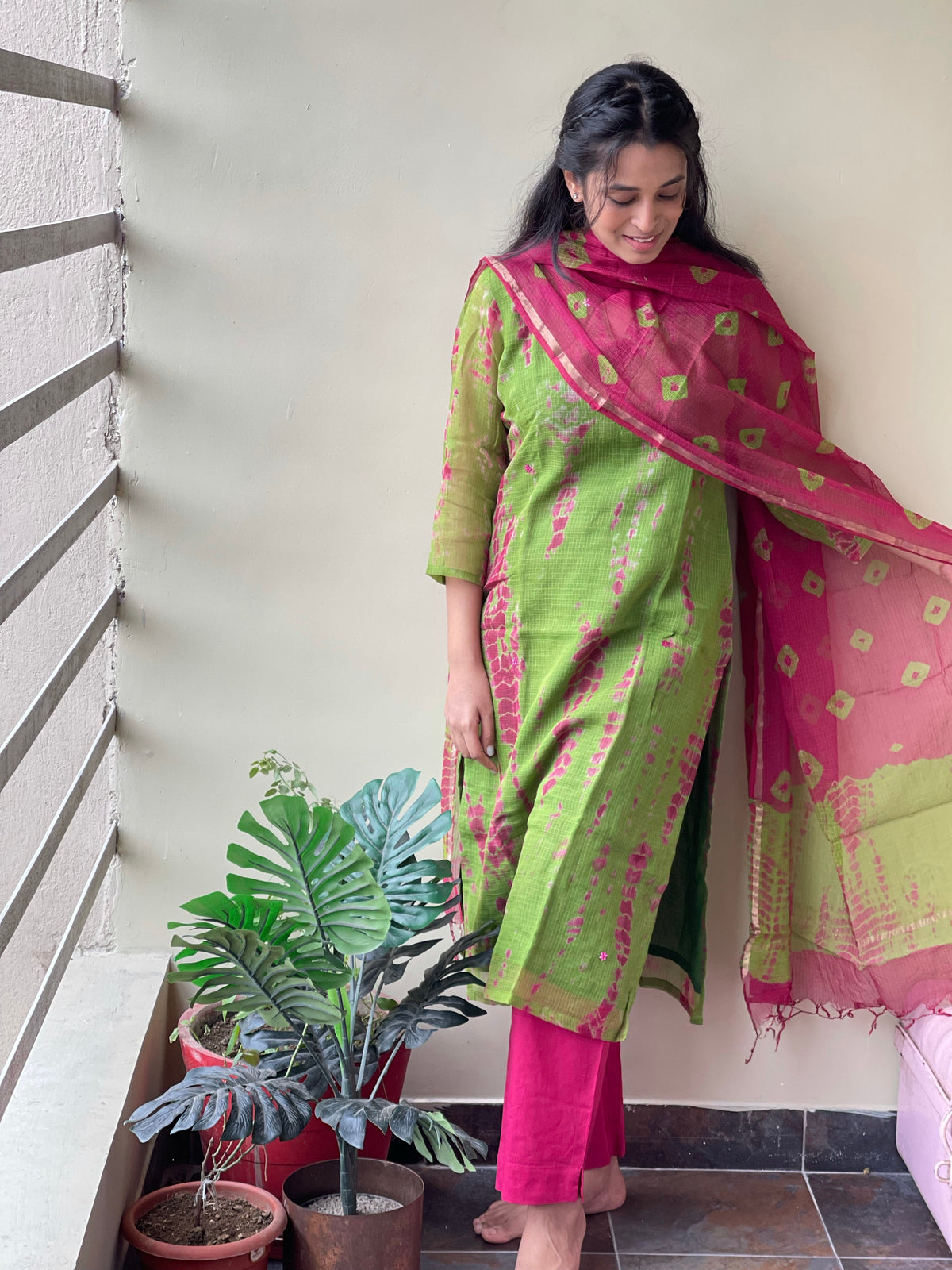 Shibori Green Pink Kota Doria Suit