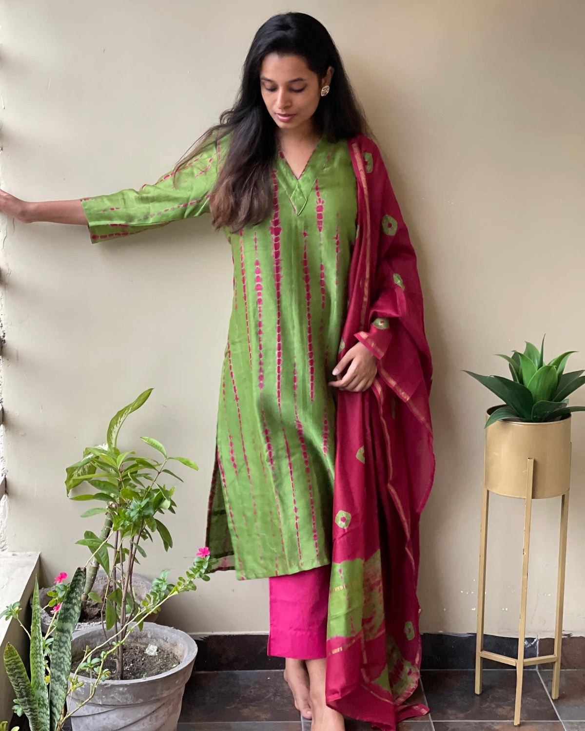 Green Pink Shibori Chanderi Suit Set