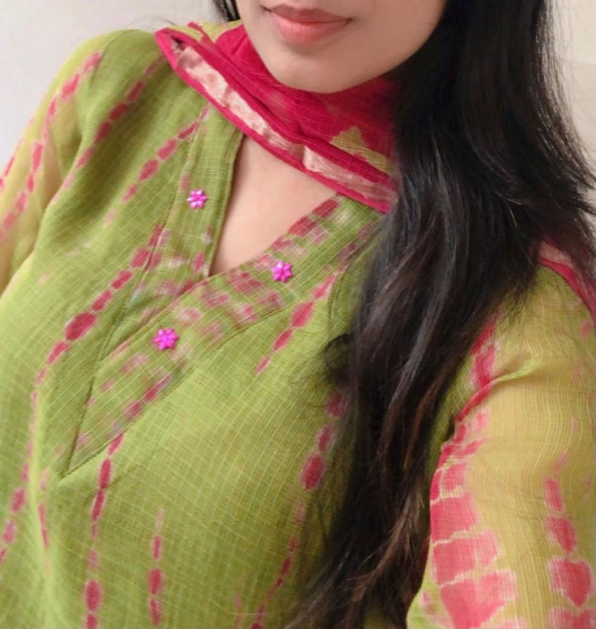 Shibori Green Pink Kota Doria Suit